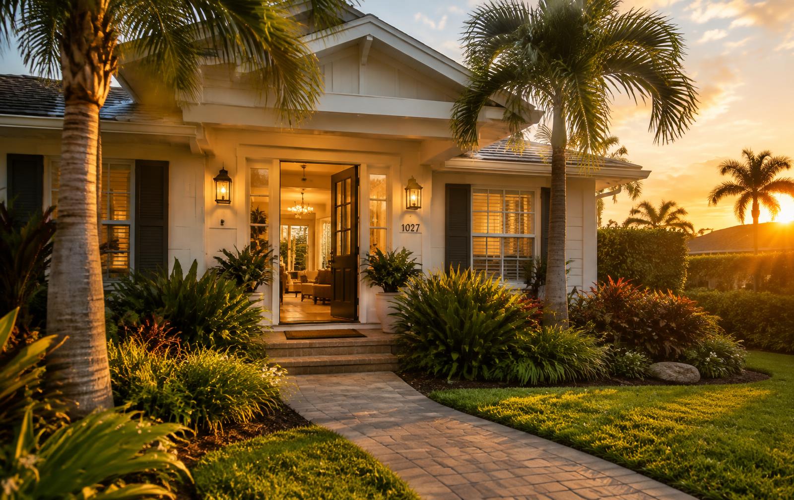 Warmly lit Florida home at sunset